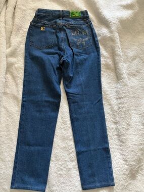 MCM Women's Dark Blue Straight Jeans with Rhinestone Logo